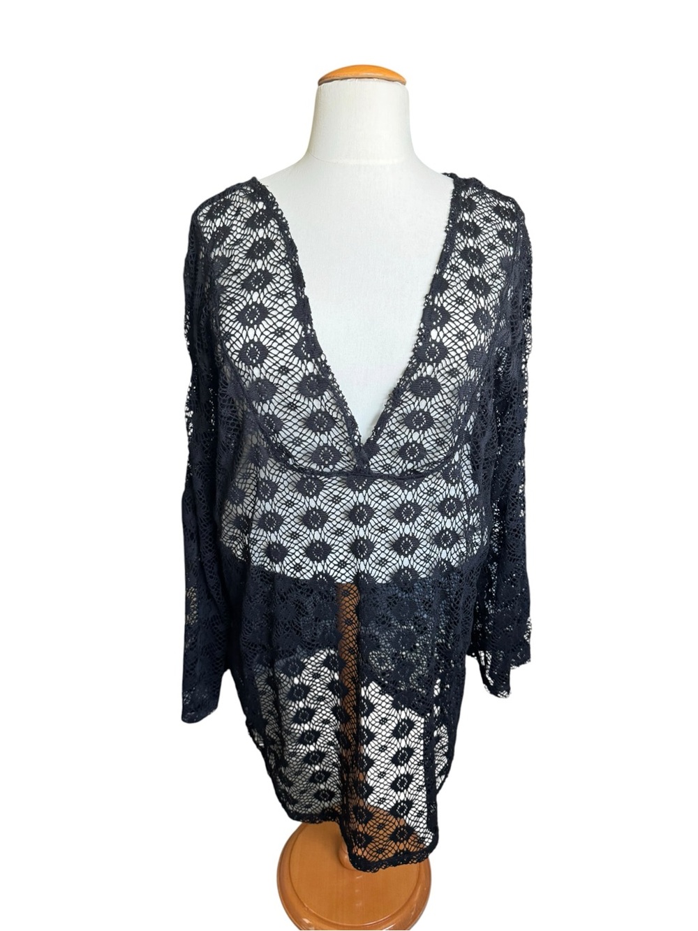 J Valdi Black Crochet Lace Tunic Cover Up 3X Boho Beach Resort Sheer
